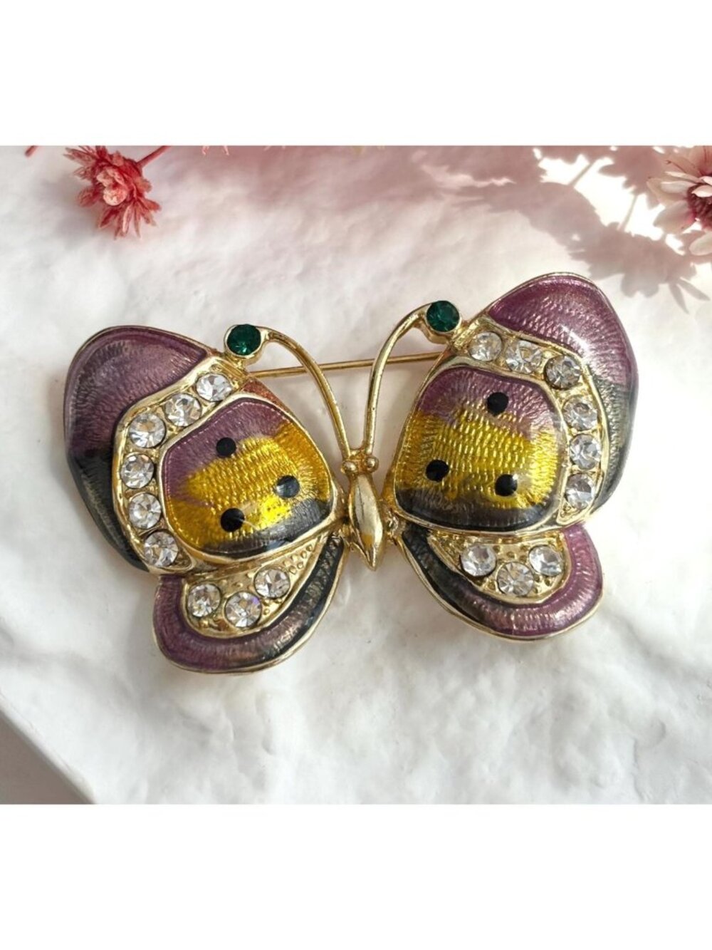 Butterfly Figural Yellow & Lavender Gold Toned Rhinestone Vintage Brooch